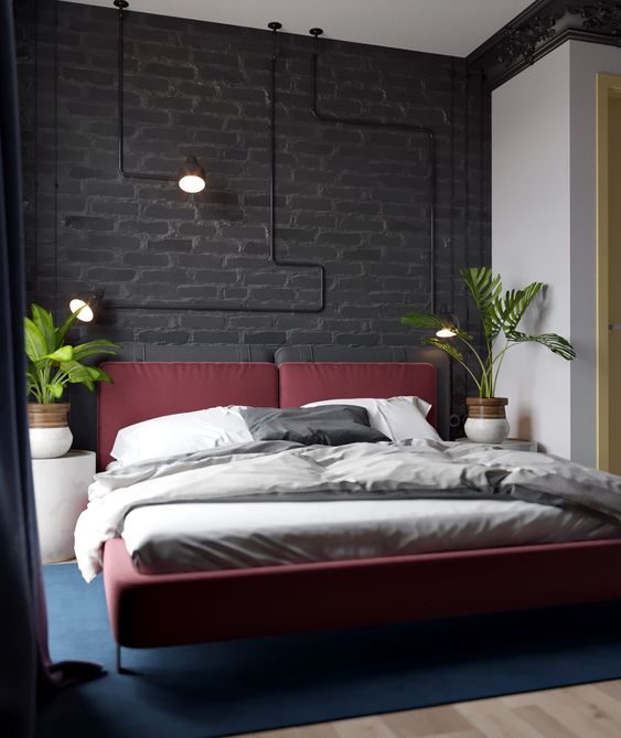 Camera da letto blu in stile industriale