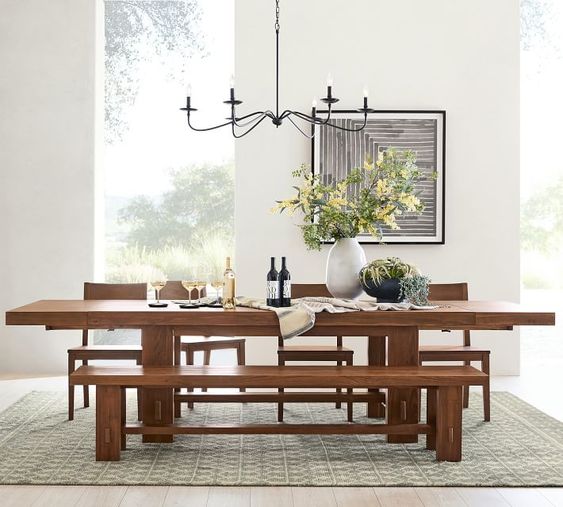 Pottery Barn Menlo Reclaimed Teak Extending Dining Table and Bench