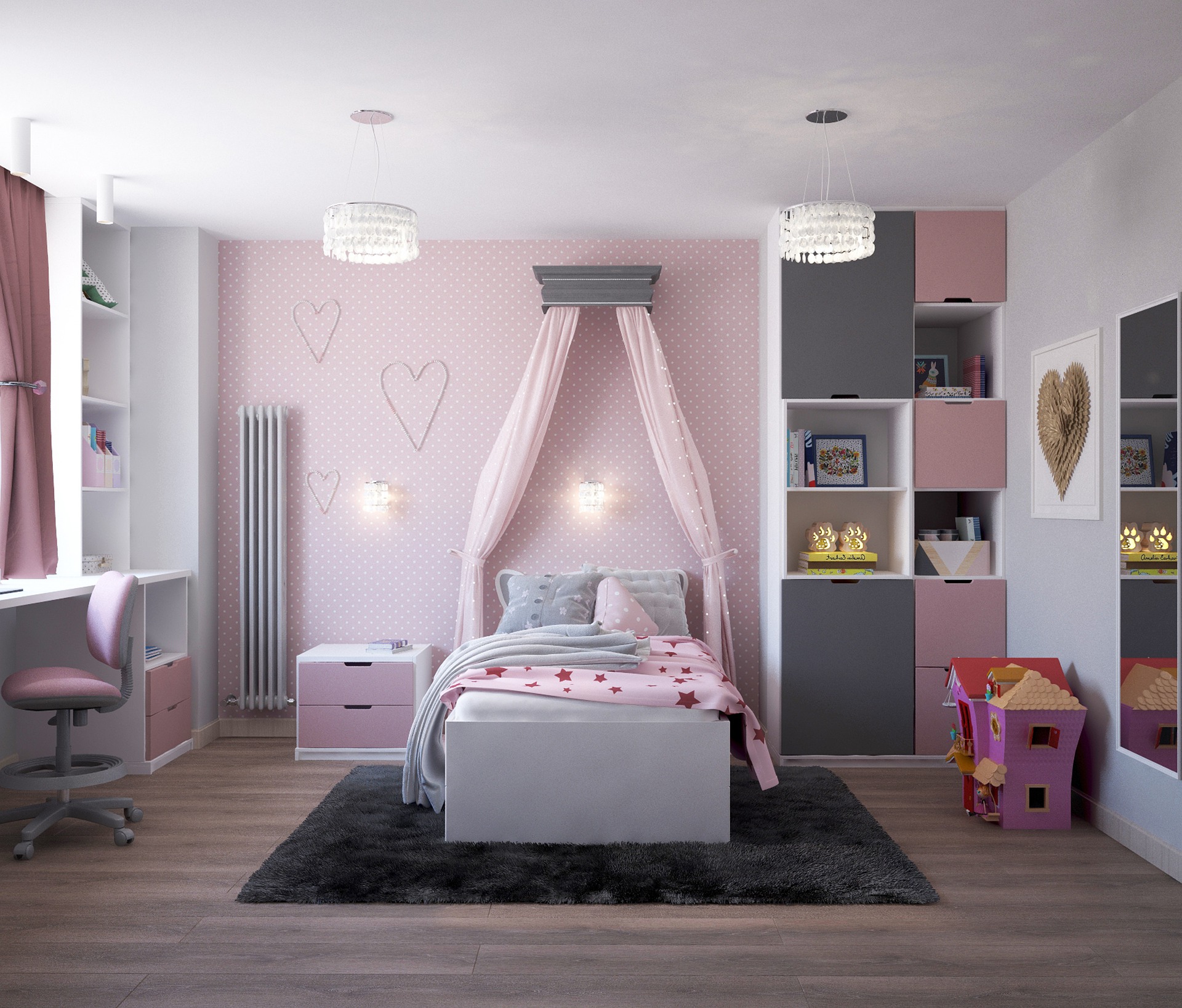 camera da letto grigia e rosa