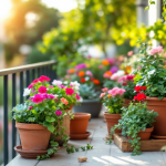 Balcone estivo decorato con piante e mobili