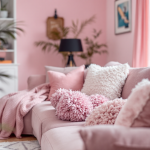 Interno di una casa arredata con tonalità di rosa