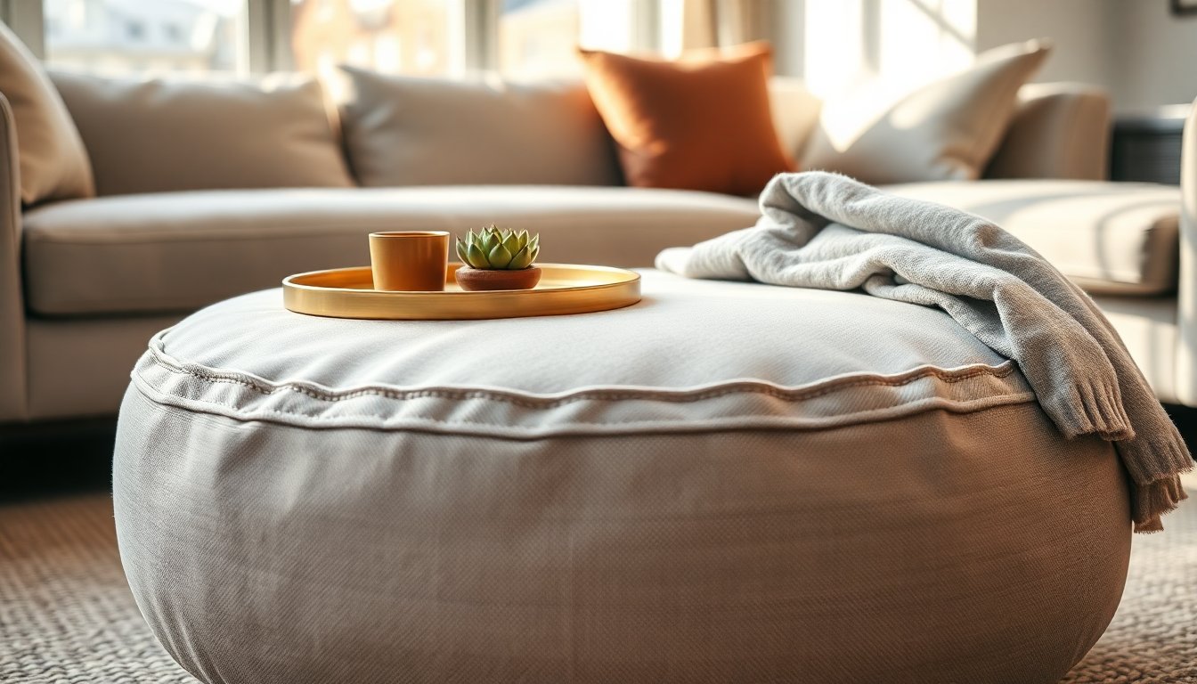 Pouf rotondo versatile per seduta e piano d'appoggio