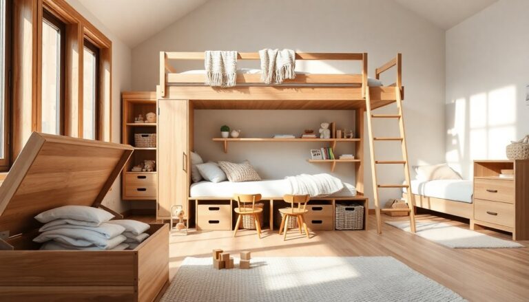 Soluzioni per una cameretta condivisa con soppalco e contenimento